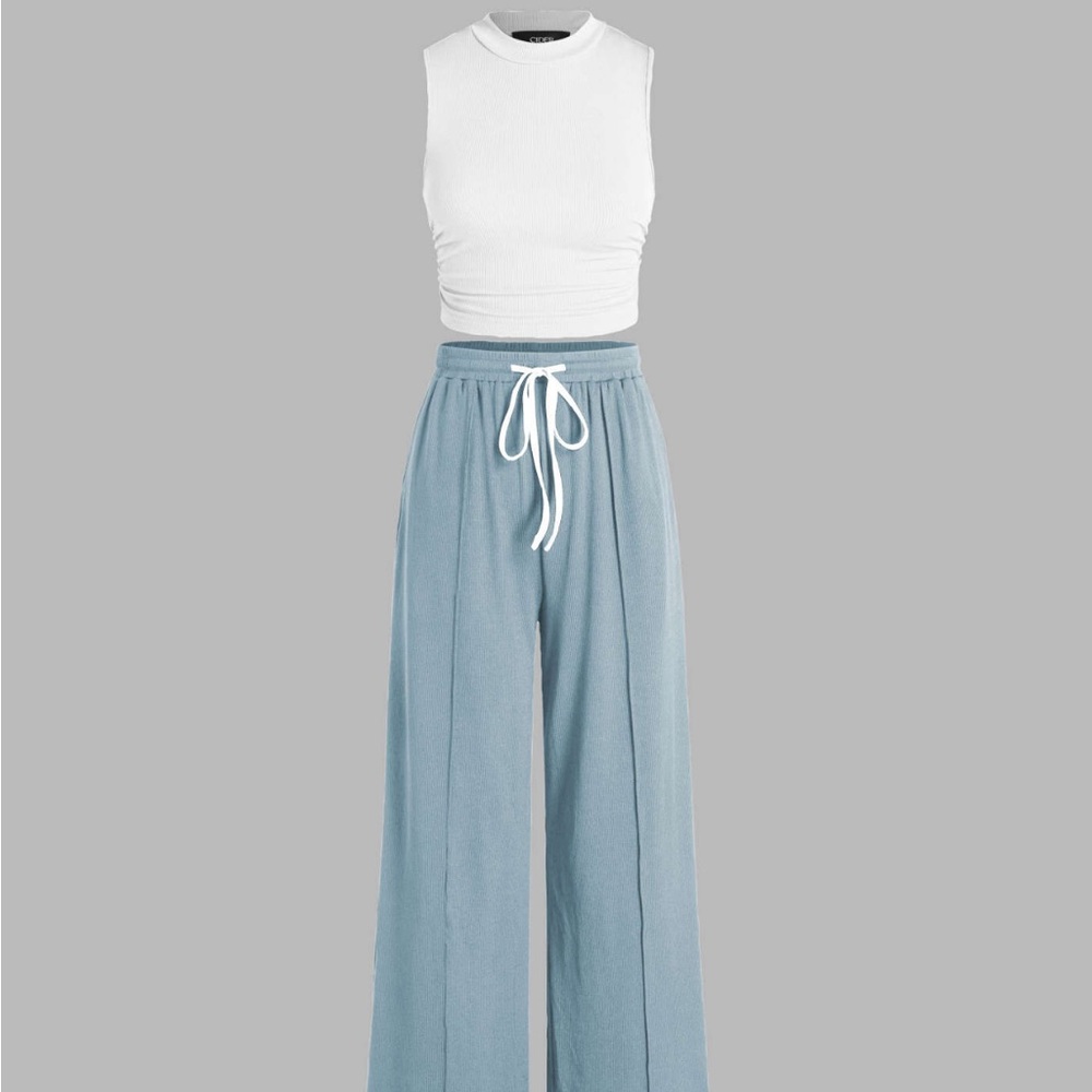 Cider Ruched Tank Top & Elastic Waist Knotted Trousers Set